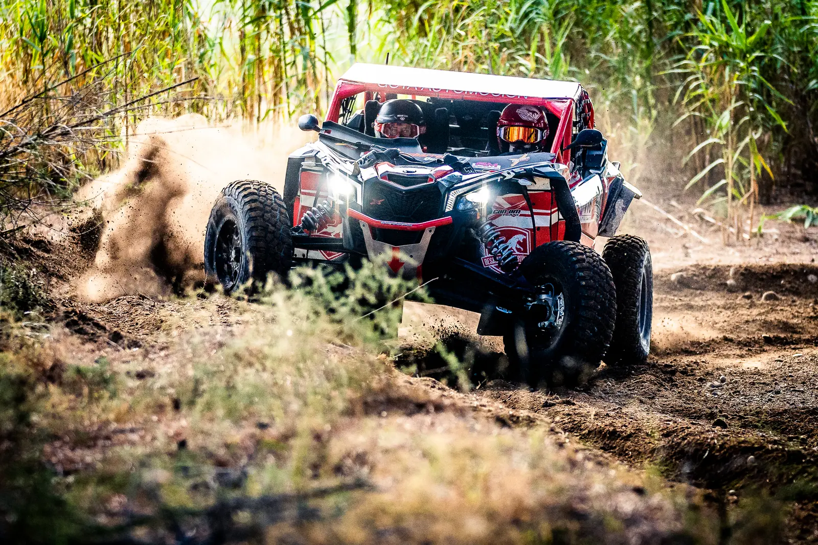 Vehículo del rally entre nubes de polvo